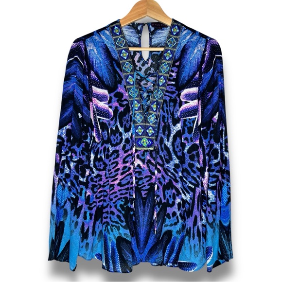 Hale Bob Tops - Hale Bob Blue Purple Animal Print Beaded Lace Up V-Neck Wide Sleeve Tunic Top M